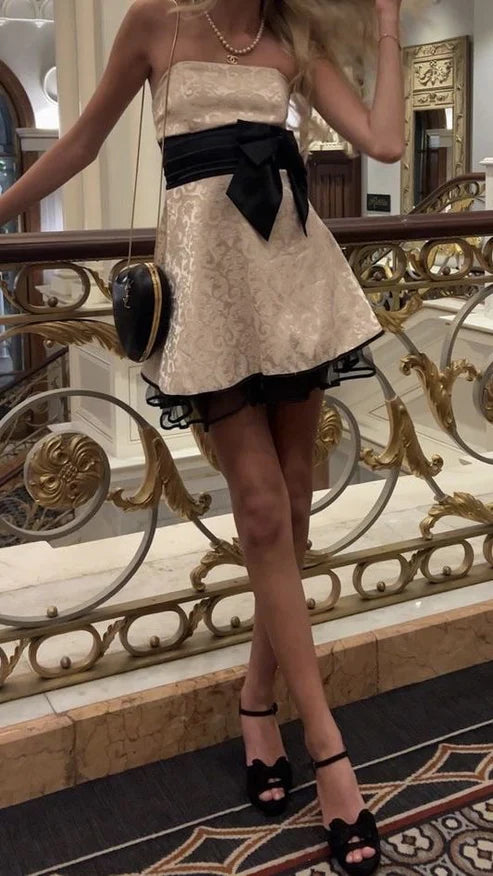 Vintage Light Champagne Strapless Short Homecoming Dress Mini Party Dress DP4707