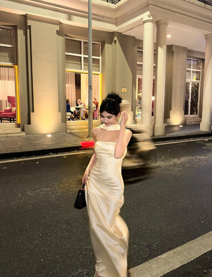 Elegant Sheath Strapless Ivory Satin Long Prom Dress Evening Dress DP4017