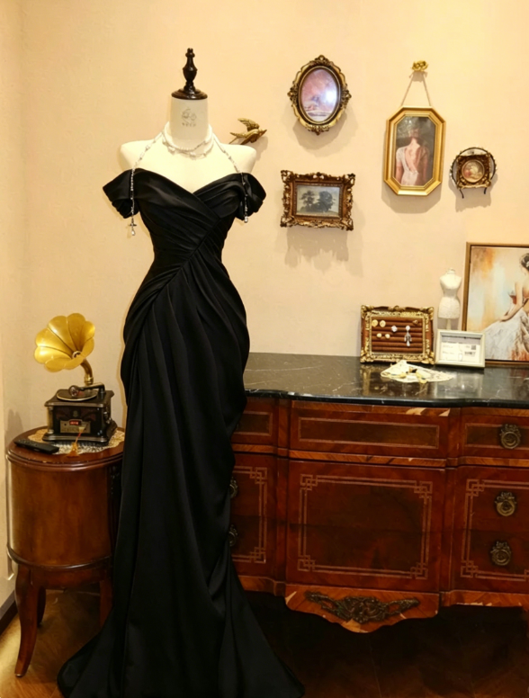 Elegant Mermaid Off the Shoulder Pearl Pleated Satin Prom Dress 21th Birthday Dress DP3917