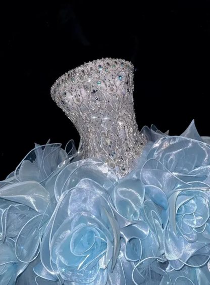 Exquisite Rhinestone Ball Gown Strapless Ruffle Blue Organza Prom Dress Quinceanera Dress DP6604