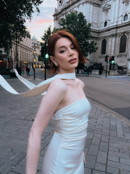 Simple Sheath Strapless White Satin Long Prom Dress Wedding Guest Dress DP4311