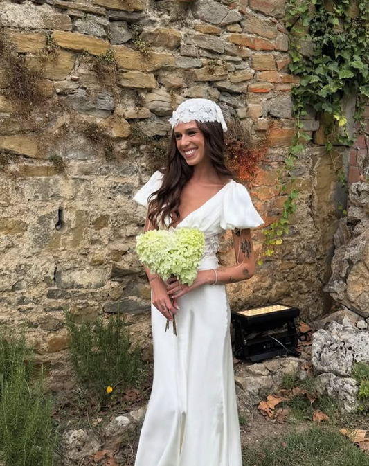 White Cute Mermaid Puff Lace Satin Long Wedding Dress Prom Dress DP4305