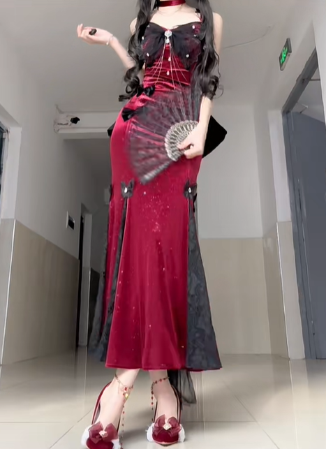 Sexy Burgundy Mermaid Straps Bow Lace Velvet Prom Dress Graduation Ball Gown DP4563