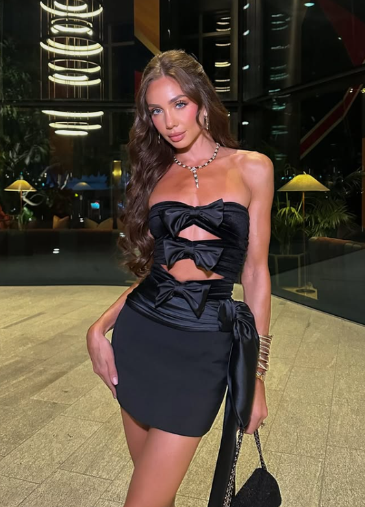 Sexy Black Sheath Strapless Bow Satin Short Homecoming Dress Cocktail Dress DP3302