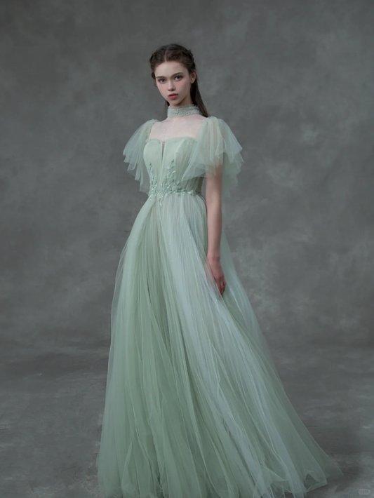 Green Ball Gown Appliques Flowy Tulle Party Dress Prom Dress Formal Gown DP3727