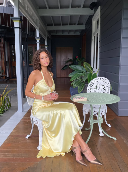 Elegant A Line Halter Yellow Bow Satin Open Back Prom Dress Graduation Prom Dress DP2167