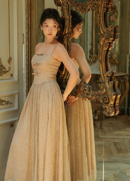 Gentle Brown A Line Spaghetti Strap Lace Prom Dress Evening Dress DP5420