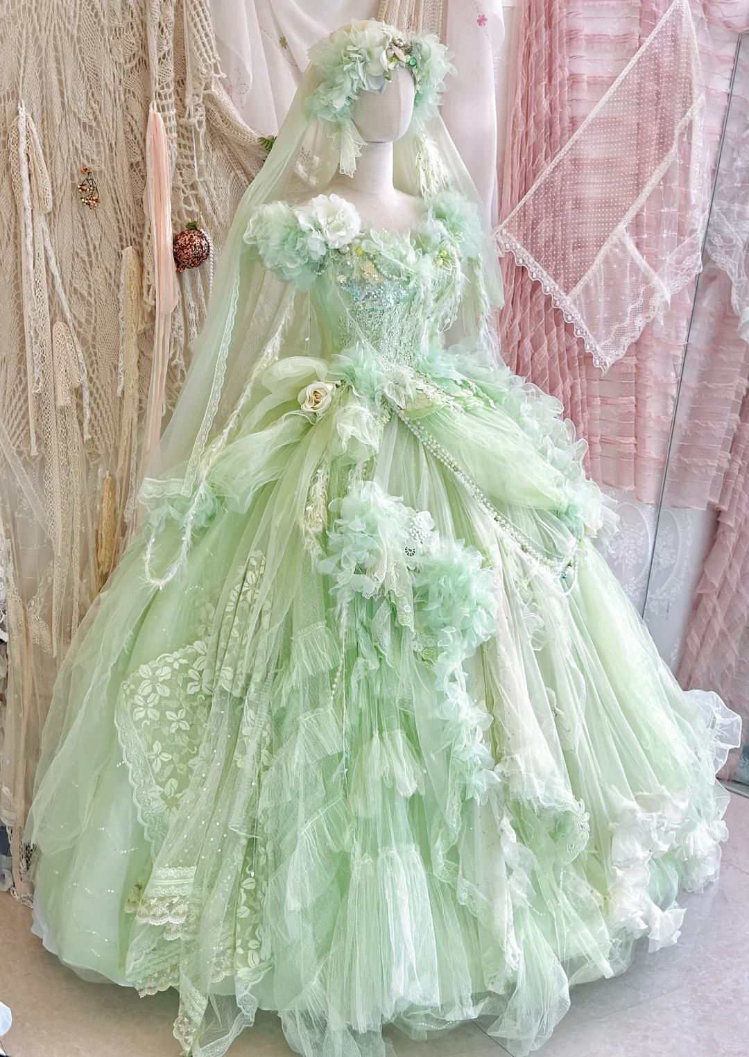 Green Ball Gown Off the Shoulder Floral Exquisite Beaded Tulle 16th Birthday Dress Prom Dress DP3816