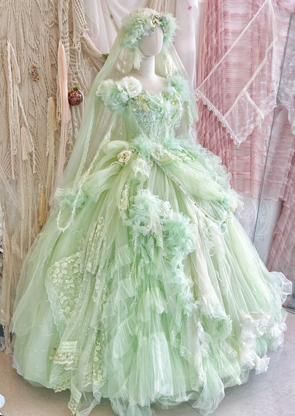 Green Ball Gown Off the Shoulder Floral Exquisite Beaded Tulle 16th Birthday Dress Prom Dress DP3816