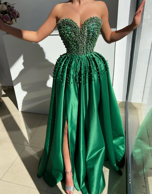 Gorgeous A Line Sweetheart Neck Pearl Rhinestone Green Satin Prom Dress Evening Dress DP1816