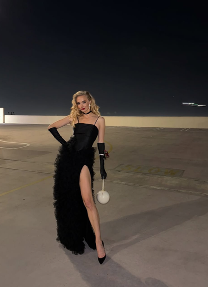 Sexy Black Sheath Strap Tulle Satin Prom Dress Evening Dress Date Dress with Slit DP3225