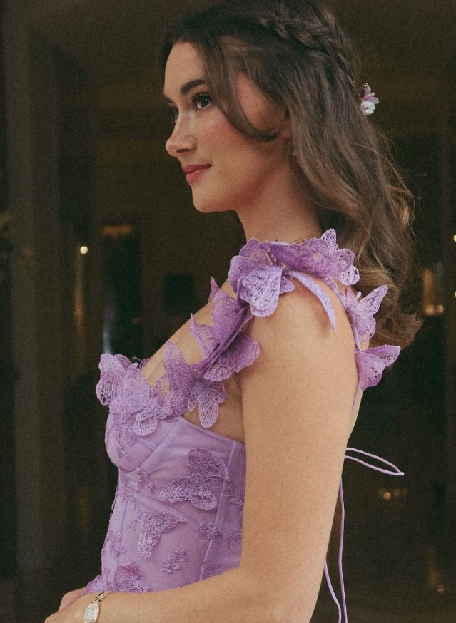 Purple A Line Straps 3D Butterfly Tulle Prom Dress Evening Dress DP1586