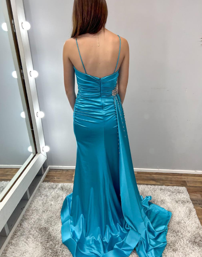 Elegant Blue A Line Straps Beaded Satin Slit Long Prom Dress Evening Dress DP6522