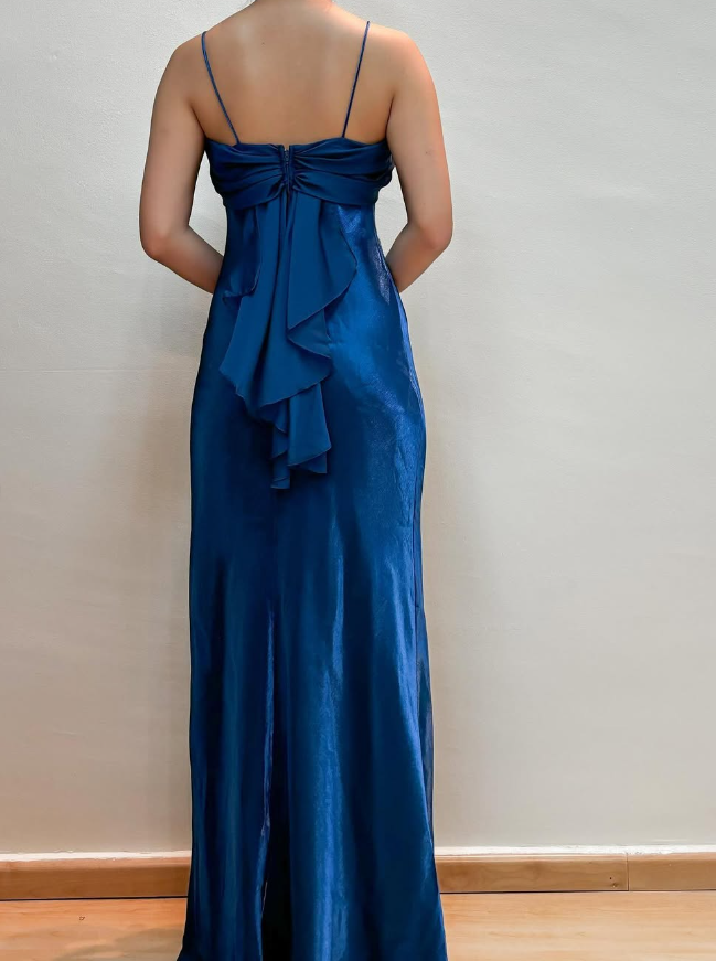 Simple Vintage Sheath Spaghetti Strap Blue Satin Prom Dress Evening Dress DP1667