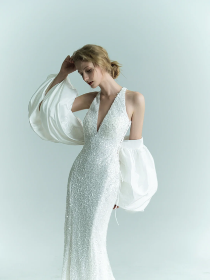 Exquisite Mermaid V Neck Beaded Tulle Long Sweep Party Dress Prom Dress Wedding Dress DP3731
