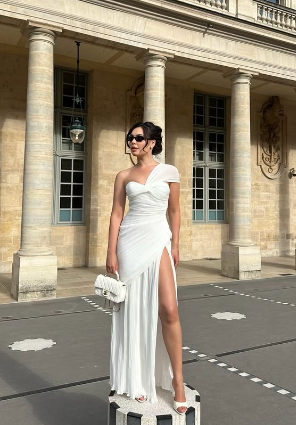 Flowy White Sheath One Shoulder Chiffon Slit Long Prom Dress Party Dress DP6803