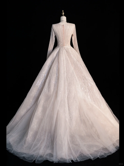 Light Apricot A Line Long Sleeve V Neck Beaded Tulle Long Prom Dress Formal Dress DP3237