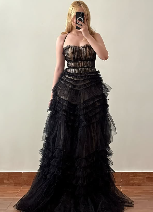 Cute Black A Line Spaghetti Strap Layered Tulle Prom Dress Evening Dress DP6417