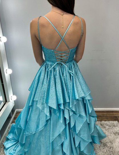 Beautiful A Line V Neck Blue Beaded Layered Satin Long Prom Dress Evening Dress DP6523