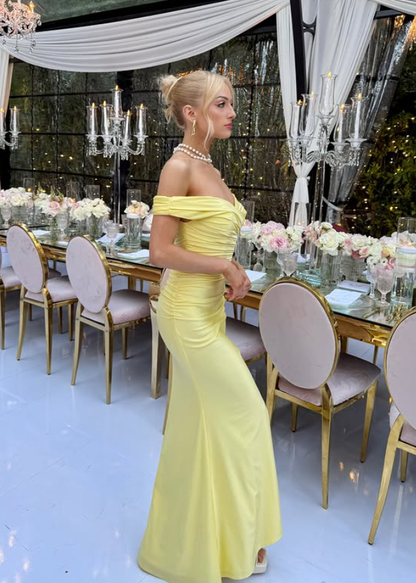 Pretty Yellow Sheath Off the Shoulder Satin Prom Dress Evening Dress Date Dress DP6193