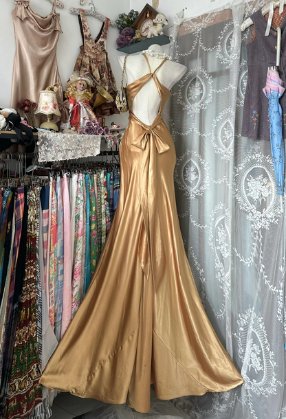 Gold Mermaid V Neck Satin Open Back Prom Dress Evening Dress DP5411
