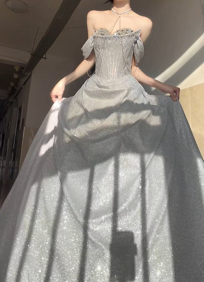 Silver Shiny A Line Off the Shoulder Beaded Sequin Prom Dress Graduation Ball Gown DP4568