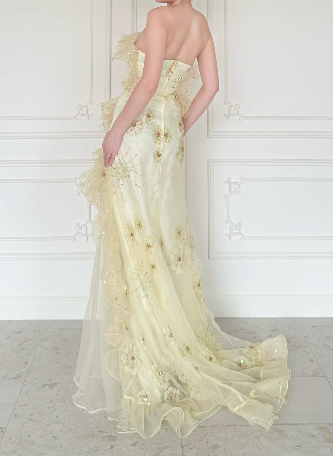 Pretty Mermaid Strapless Shiny Sequin Yellow Organza Slit Prom Dress Evening Dress DP6446
