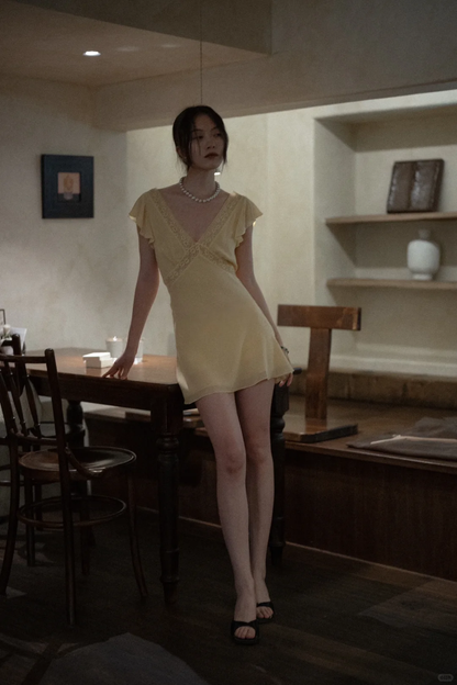 Cute Light Yellow A Line V Neck Chiffon Short Homecoming Dress Outfits DP4536