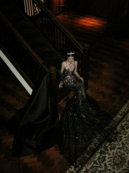 Black Sexy Mermaid Sweetheart Neck Beaded Tulle Prom Dress 16th Birthday Dress DP4248