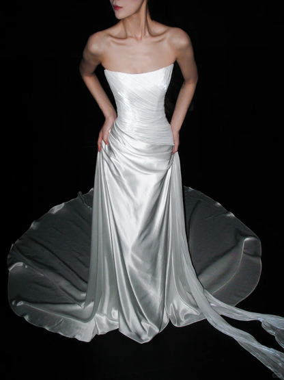 Beautiful Sheath Strapless Pleated Tulle Satin Long Wedding Dress DP8109