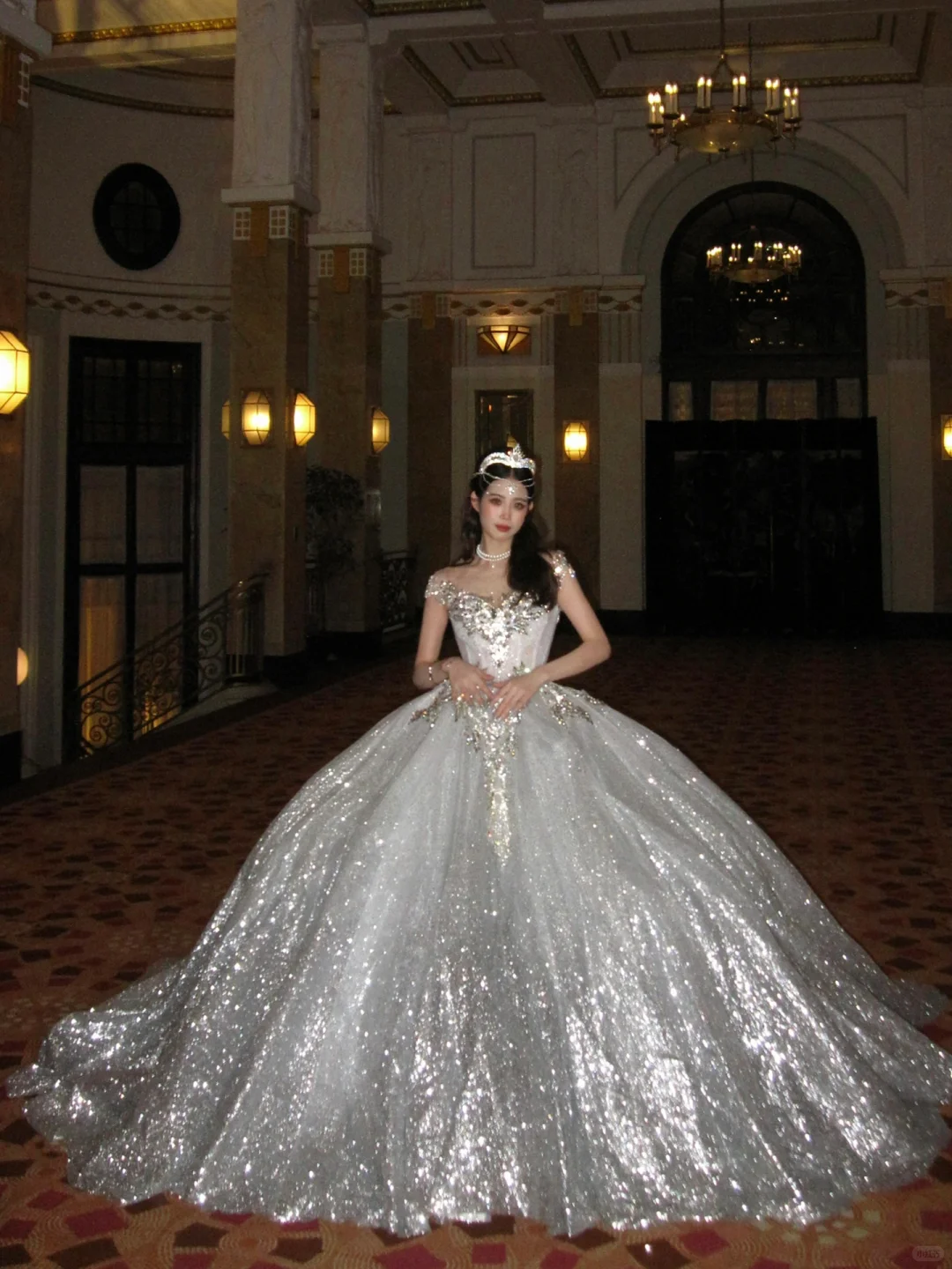 Elegant Ball Gown Off the Shoulder Beaded Silver Sequin White Tulle Prom Dress Wedding Dress DP4244