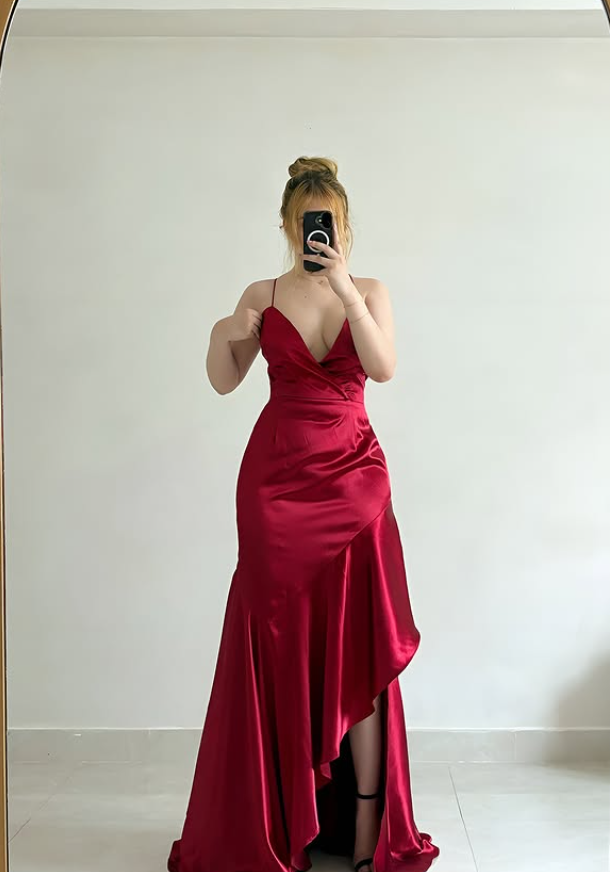 Simple Red Mermaid Spaghetti Straps Satin Prom Dress Evening Dress with Slit DP6143