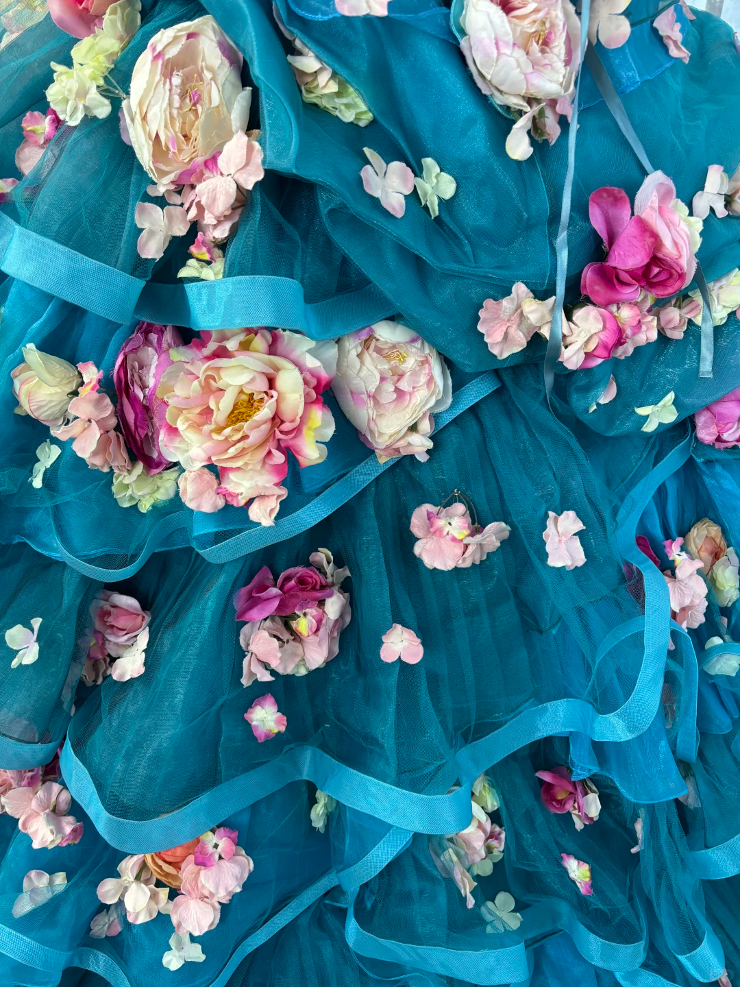Vintage Blue Ball Gown Strapless 3D Floral Layered Tulle Prom Dress Sweet 16 Dress DP5664