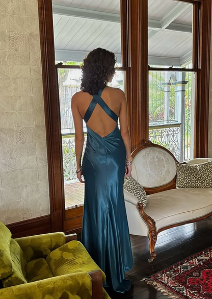 Sexy Blue Sheath Strap Satin Open Back Prom Dress Evening Dress DP5504