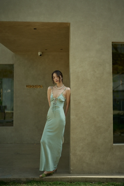 Sage Green Sheath Spaghetti Strap Appliques Satin Long Prom Dress Party Dress Outfits DP4531