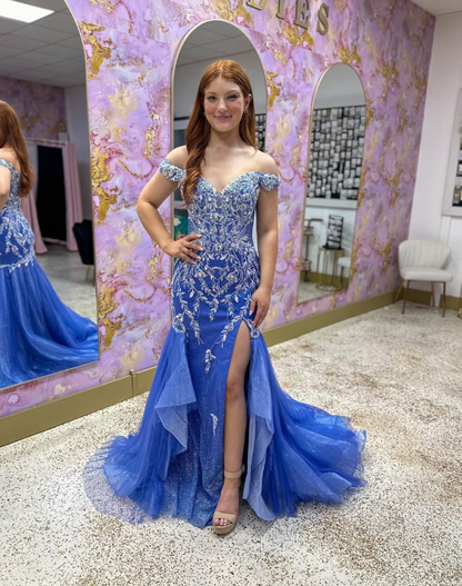 Glamorous Blue Mermaid Off the Shoulder Beaded Tulle Long Prom Dress Evening Dress DP6579