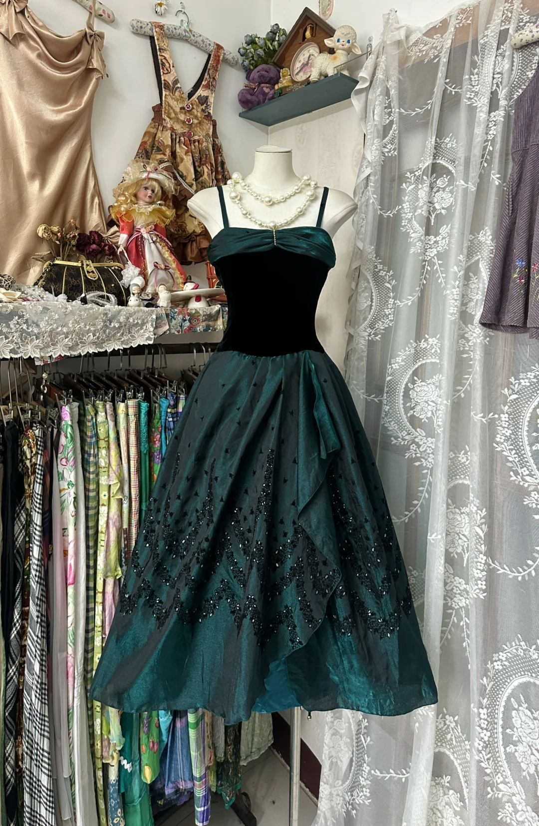 Vintage A Line Straps Beaded Black Velvet Dark Green Satin Homecoming Dress DP4864