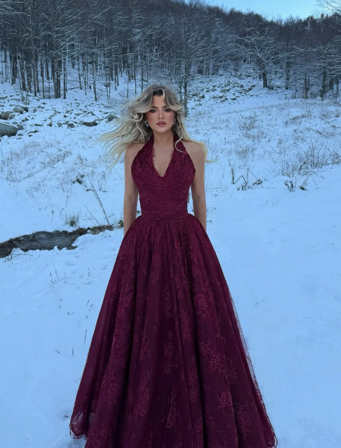 Dark Burgundy A Line V Neck Lace Long Prom Dress Evening Dress DP6791