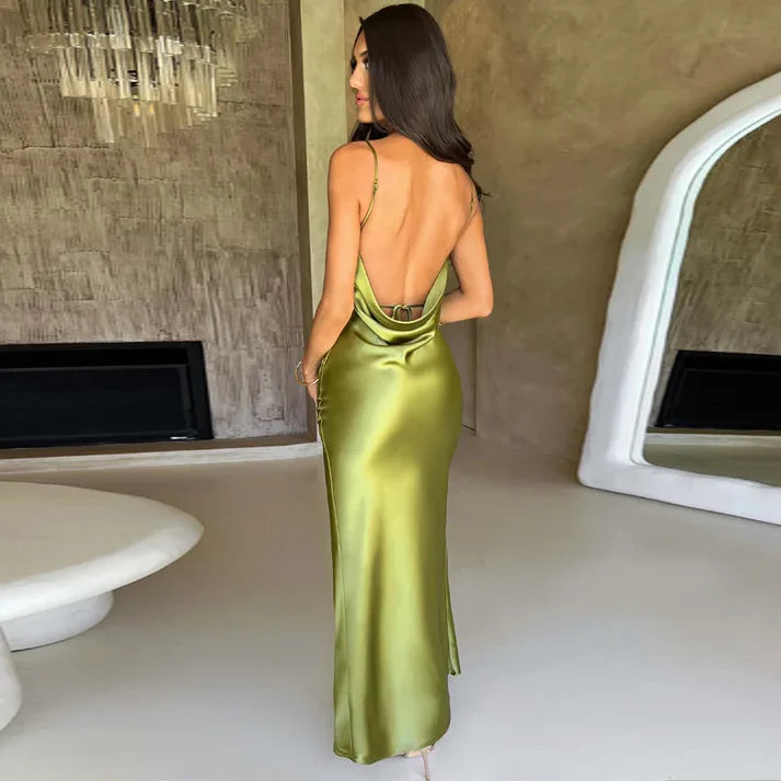 Mermaid Spaghetti Strap Backless Satin Evening Dress Prom Dress With Split DP901