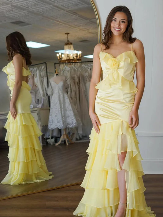 Mermaid V-Neck Yellow Ruffle Chiffon Long Prom Dresses with Flower DP5990