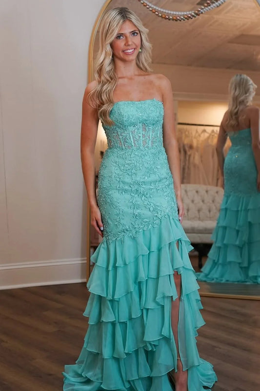Lake Blue Mermaid Strapless Lace Top Long Tiered Prom Dress DP7717
