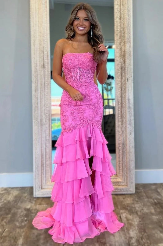 Pink Mermaid Strapless Lace Top Long Tiered Prom Dress DP7716