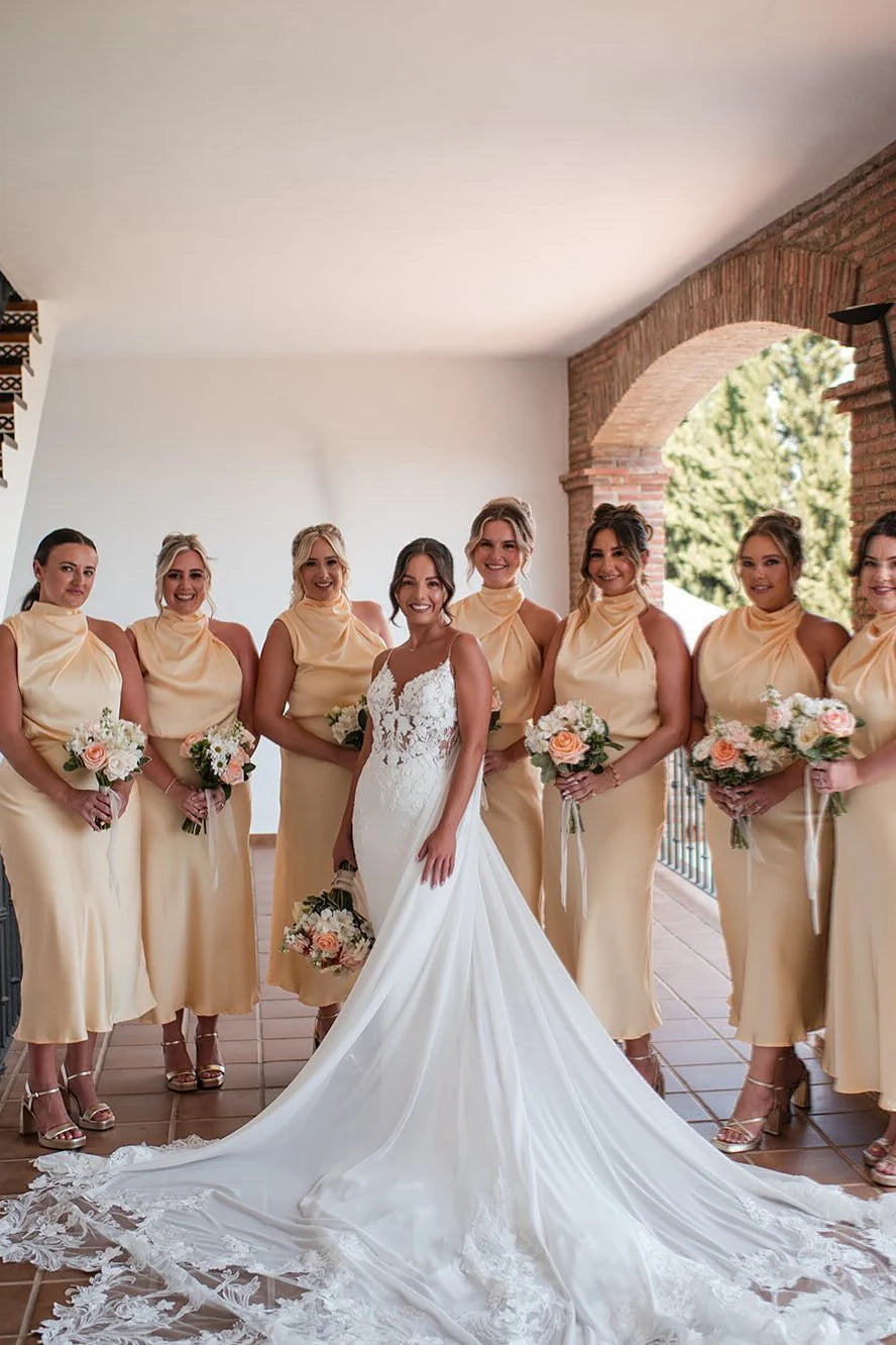 Mock Neck Butter Satin Long Bridesmaid Dress DP5866