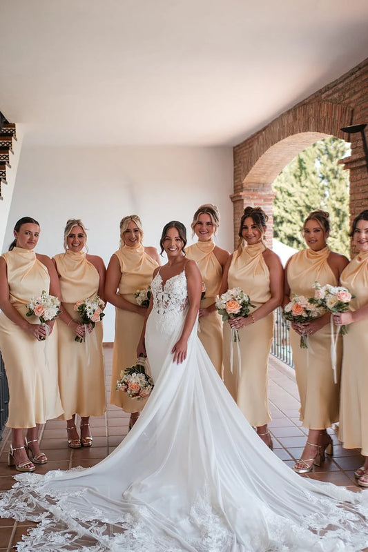 Mock Neck Butter Satin Long Bridesmaid Dress DP5866