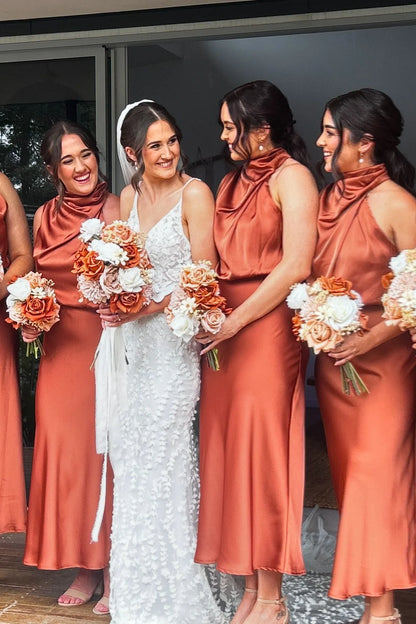 Mock Neck Butter Satin Long Bridesmaid Dress DP5866