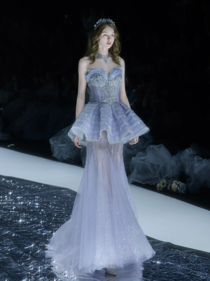 Purple Mermaid Sweetheart Neck Silver Appliques Sequin Tulle Long Prom Dress DP2838