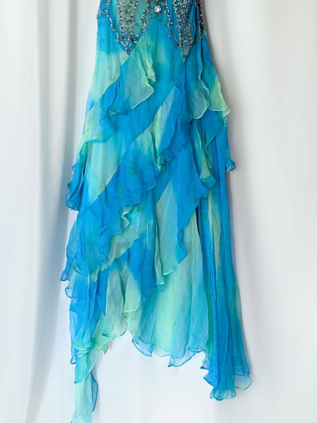 Vintage Blue Green Ombre Mermaid Ruffle Beaded Chiffon Homecoming Dress Evening Dress Date Dress DP3040