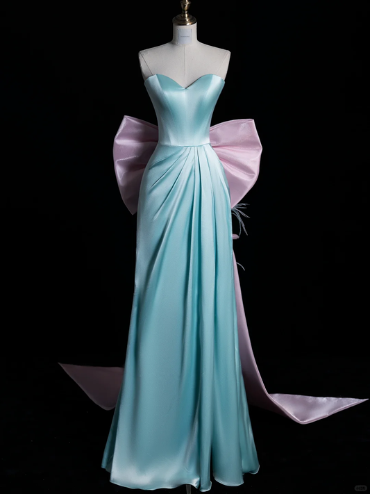 Cute A Line Sweetheart Neck Pink Bow Blue Satin Long Prom Dress Graduation Prom Dress DP2048