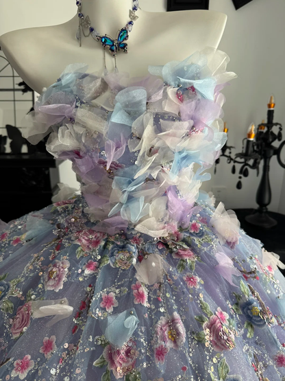 Lilac Ball Gown Sweetheart Neck Floral Tulle Prom Dress Quinceanera Dress DP6967