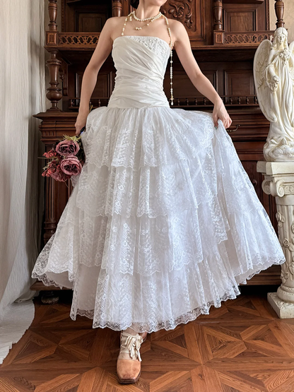 Vintage Princess White A Line Layered Lace Satin Long Prom Dress Evening Dress DP5617